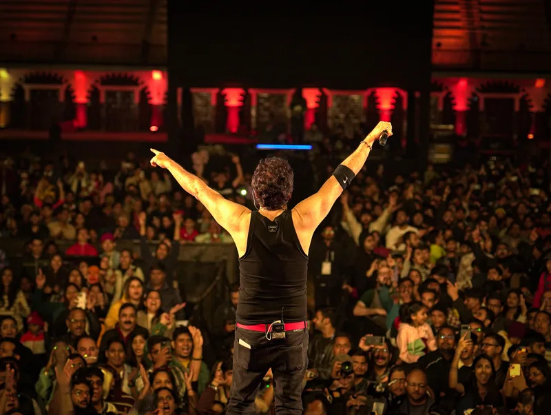 A performer facing the crowd with arms raised